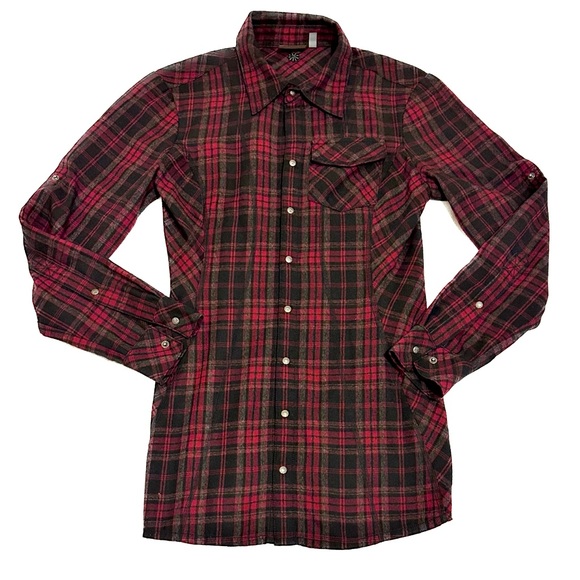 Athleta Black & Red Plaid Snap Button - Size Small Rare Item - Picture 1 of 4